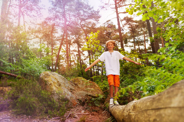 istock Boy walks over log in the forest balance with hand 1094443442