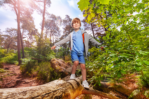 Boy walks over the tree trunk log in the forest full height portrait wearing backpack