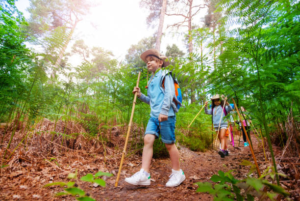 istock Boy and other kids walk on forest hiking trail 1094443632