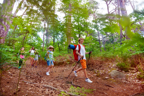 istock Group of kids on hike trail walk with backpacks 1094443644