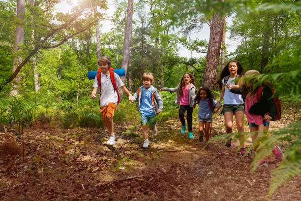 istock Group of kids on hiking walk holding hands 1094443656