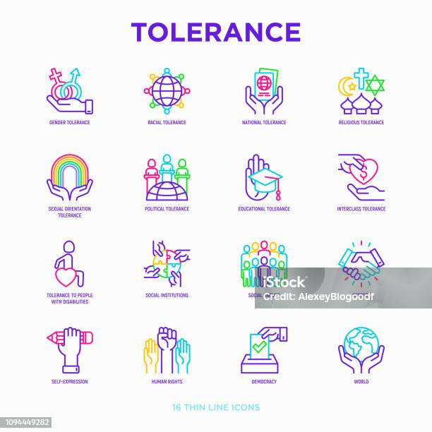 Tolerance Thin Line Icons Set Gender Racial National Religious Sexual Orientation Educational Interclass For Disability Respect Selfexpression Human Rights Democracy Vector Illustration Stock Illustration - Download Image Now