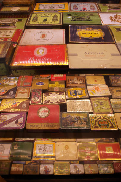 Tin boxes of old tobacco brands backgrounds
