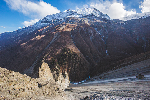 Trail to Tilicho Lake, Himalayan Mountains of Nepal. Annapurna circuit trek