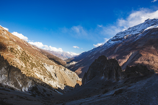 Trail to Tilicho Lake, Himalayan Mountains of Nepal. Annapurna circuit trek