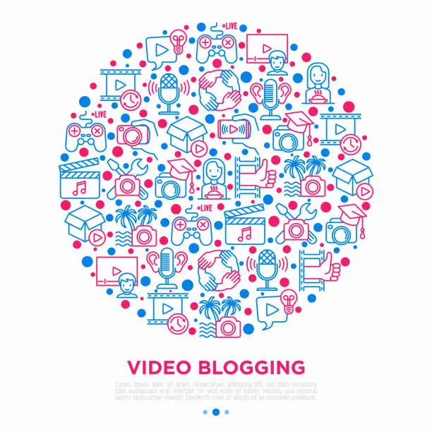 Vector illustration of Video blogging concept in circle with thin line icons: vlog, ASMR, mukbang, unboxing, DIY, stream game, review, collaboration, podcast, tips and tricks. Vector illustration, print media template.