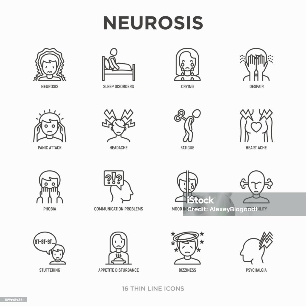 Neurosis thin line icon set: panic attack, headache, fatigue, insomnia, despair, phobia, mood instability, stuttering, psychalgia, dizziness. Modern vector illustration. Icon Symbol stock vector