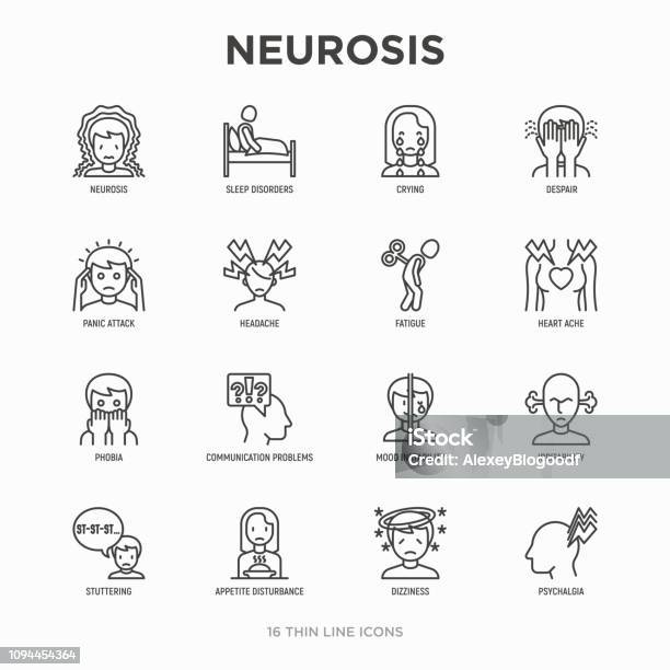 Neurosis Thin Line Icon Set Panic Attack Headache Fatigue Insomnia Despair Phobia Mood Instability Stuttering Psychalgia Dizziness Modern Vector Illustration Stock Illustration - Download Image Now