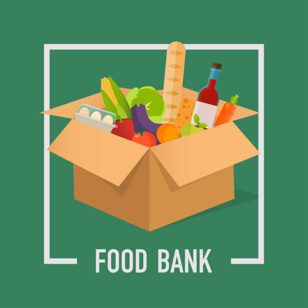 ilustraciones, imágenes clip art, dibujos animados e iconos de stock de ilustración de concepto simple de banco de alimentos. tiempo para donar. donación de alimentos. cajas repletas de alimentos. ilustraciones del concepto de vector. - comida básica