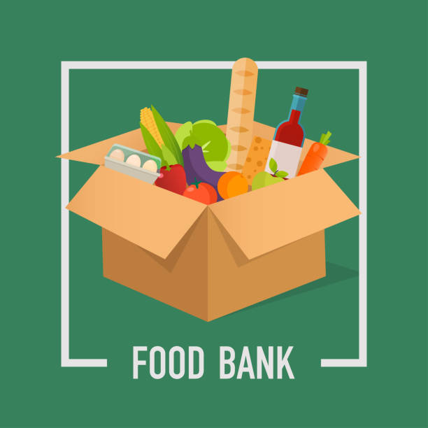 Food Bank simple concept illustration. Time to donate. Food donation. Boxes full of food. Vector concept illustrations. Food Bank simple concept illustration. Time to donate. Food donation. Boxes full of food. Vector concept illustrations. food staple stock illustrations