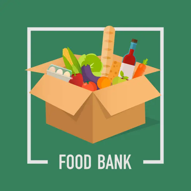 Vector illustration of Food Bank simple concept illustration. Time to donate. Food donation. Boxes full of food. Vector concept illustrations.