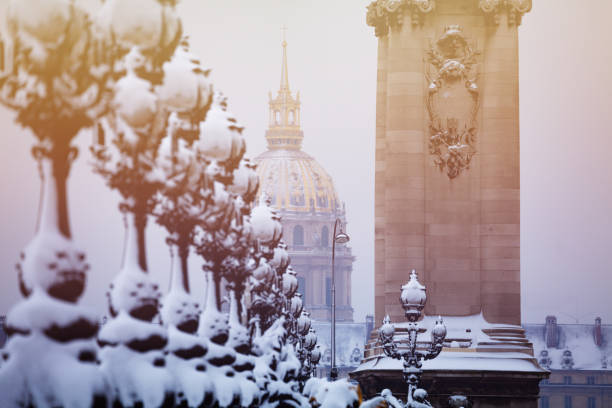 istock Snow-covered lanterns on Pont Alexandre III, Paris 1094461746