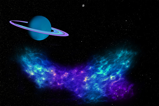 This digitally generated image shows a blue and purple nebula with a ringed exoplanet and other celestial bodies set against a background of deep space stars.\nNOTE FOR INSPECTOR: All material used has been digitally produced by me from original texture  photographs taken by me. No other material from anyone else has been used in this image. All copyright is mine. Thanks.