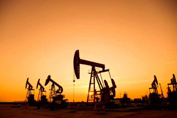 istock Oil pumps and rig at sunset 1094476460