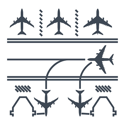thin line icon airport runway, airplane parking and airport terminal