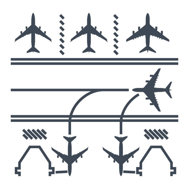 thin line icon airport runway, airplane parking thin line icon airport runway, airplane parking and airport terminal taxiway stock illustrations