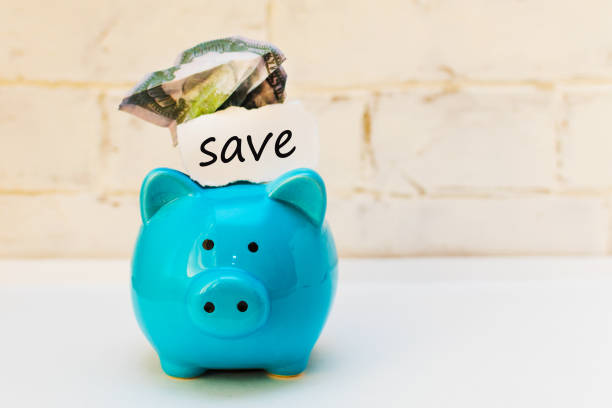 istock blue piggy Bank with crumpled dollar and space for text on white background 1094482198