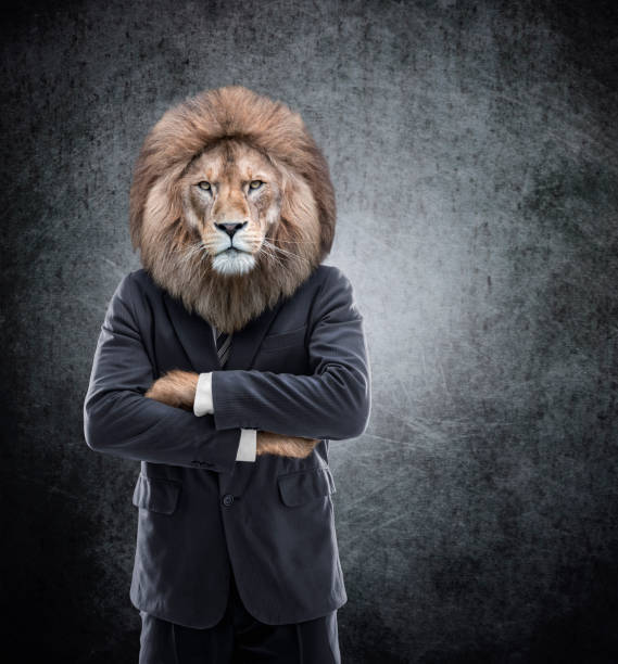 スーツのビジネスマンにヒューマノイドのライオン ヘッド - zoomorphic ストックフォトと画像