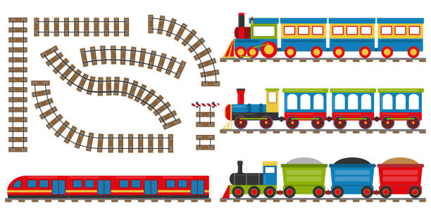 illustrazioni stock, clip art, cartoni animati e icone di tendenza di ferrovia dei cartoni animati e treno. set di treni dei cartoni animati. illustrazione vettoriale. - locomotiva