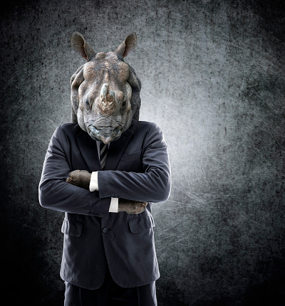 Humanoid rhinoceros - rhinoceros head on man in a suit - Image manipulation