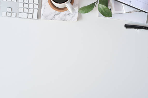 istock Flat lay top view office desk. Workspace with keyboard and office supplies, Copy space concept. 1094484004