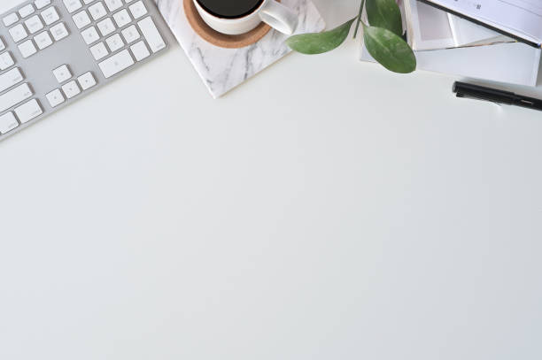 istock Flat lay top view office desk. Workspace with keyboard and office supplies, Copy space concept. 1094484008