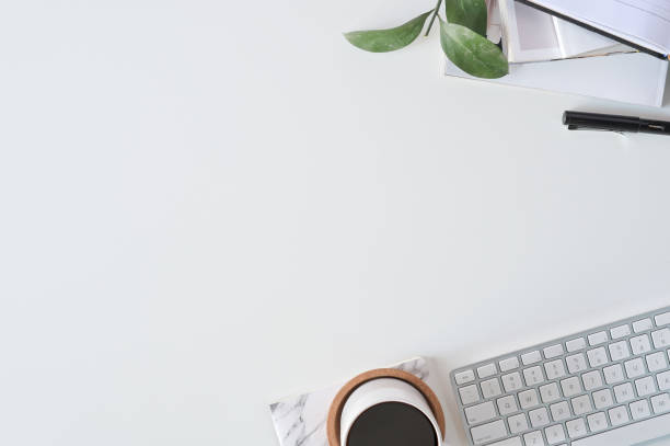 istock Flat lay top view office desk. Workspace with keyboard and office supplies, Copy space concept. 1094484010