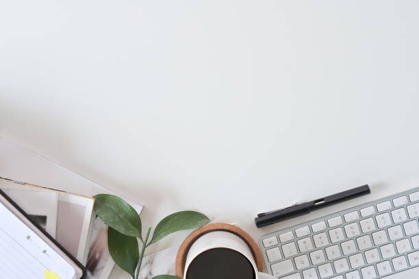 istock Flat lay top view office desk. Workspace with keyboard and office supplies, Copy space concept. 1094484012