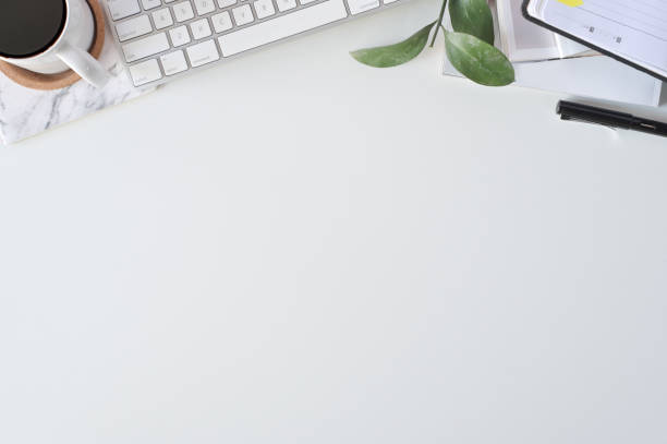 istock Flat lay top view office desk. Workspace with keyboard and office supplies, Copy space concept. 1094484016