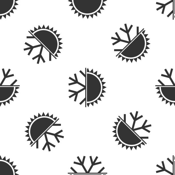 ホットとコールドのシンボル。太陽と雪の結晶アイコン シームレス パターン白い背景の上。冬と夏のシンボル。フラットなデザイン。ベクトル図 - seamless pattern meteorology snowflake点のイラスト素材／クリップアート素材／マンガ素材／アイコン素材
