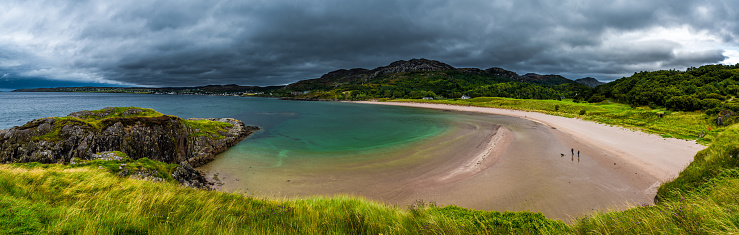 White Sand Beach With Green Ocean Water And Golf Course At Gairloch In Scotland
