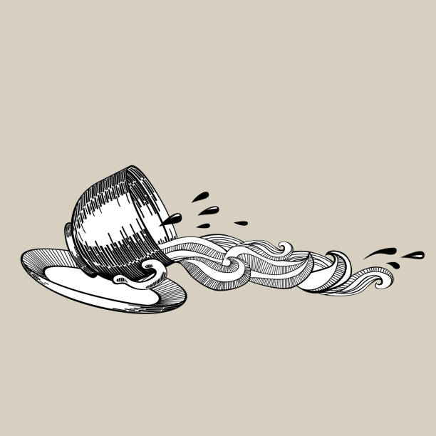 Vintage cup and coffee stream. Cappuccino spills out. Line drawing etching imitation. Design element for menu. Vector illustration. spilled cup of water stock illustrations