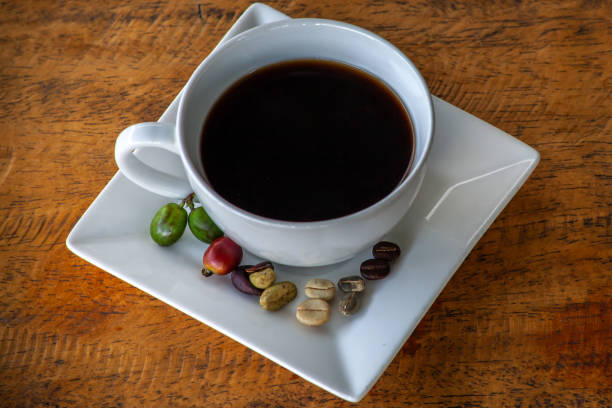 コーヒー豆のさまざまな段階でのコーヒー カップ - coffee ground bean whole ストックフォトと画像