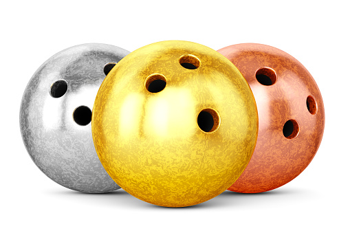 Group of bowling balls with gold, silver and bronze marble textures isolated on white background. 3D illustration