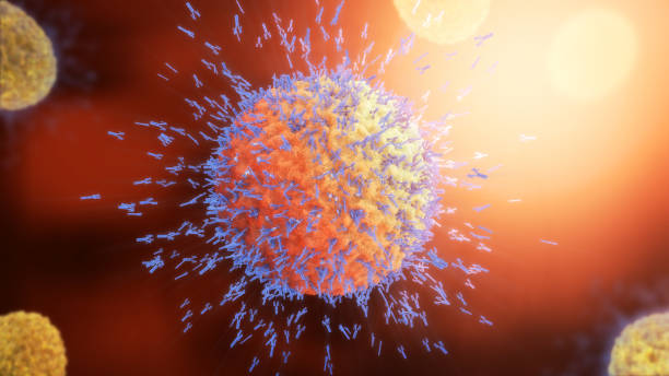 血液中にウイルスの細胞を攻撃する抗体の 3 d イラストレーション - immunology ストックフォトと画像