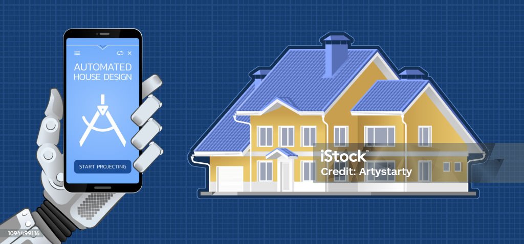 Automated House Design Mechanical hand of a robot holding smartphone which is showing mobile app to designing a house. Illustration on the subject of 'Modern Computer Technologies'. Architecture stock vector