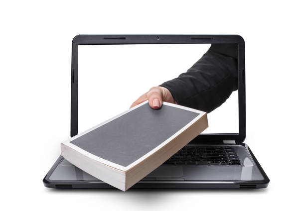 hand with book coming out of laptop, isolated white background