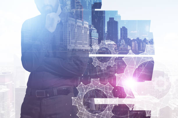 istock Pensive businessman in city, gears 1094501232
