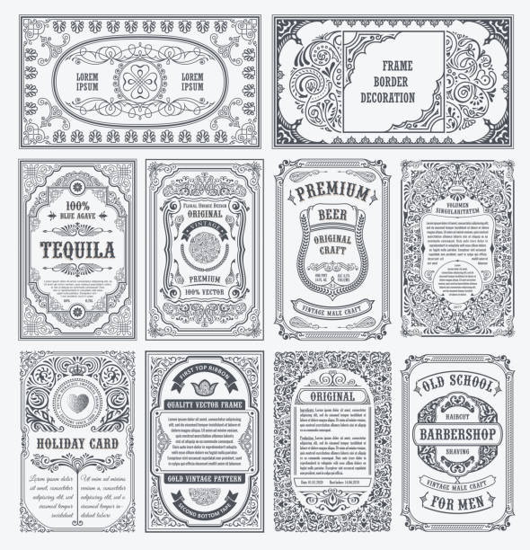 Vintage vector set retro cards. Template greeting card border or invitation Vintage vector set retro cards. Template greeting card border or invitation. Black and white linear calligraphic frames. Floral design label advertising, place for text. Flourish ornate background filigree illustrations stock illustrations