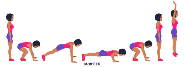 Burpee. Burpees. Sport exersice. Silhouettes of woman doing exercise. Workout, training. Burpee. Burpees. Sport exersice. Silhouettes of woman doing exercise. Workout, training Vector illustration burpee stock illustrations