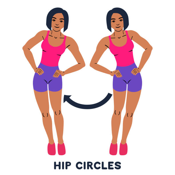 Hip circles. Sport exersice. Silhouettes of woman doing exercise. Workout, training. - ilustração de arte vetorial