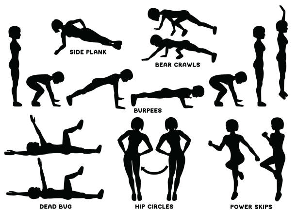 Burpees, bear crawls, hip circles, dead bug, side plank, power skips. Sport exersice. Silhouettes of woman doing exercise. Workout, training. Burpees, bear crawls, hip circles, dead bug, side plank, power skips. Sport exersice. Silhouettes of woman doing exercise. Workout, training Vector illustration burpee stock illustrations