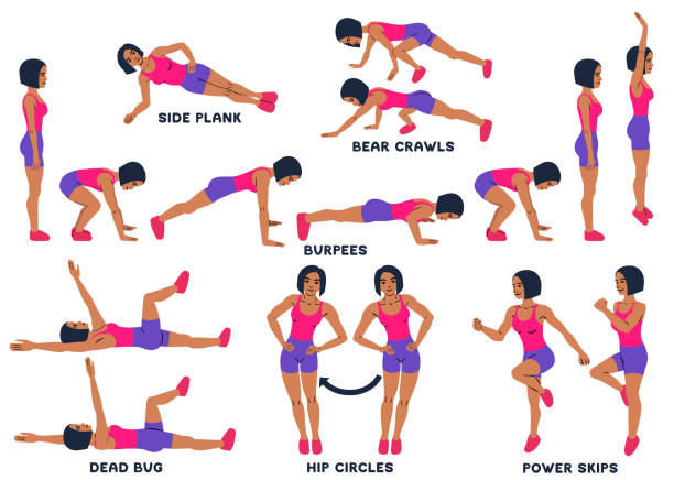 Burpees, bear crawls, hip circles, dead bug, side plank, power skips. Sport exersice. Silhouettes of woman doing exercise. Workout, training. - ilustração de arte vetorial