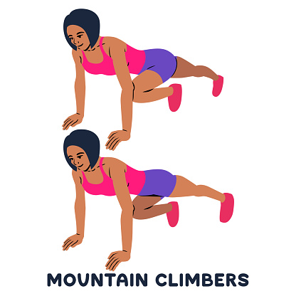 Mountain climbers. Sport exersice. Silhouettes of woman doing exercise. Workout, training Vector illustration