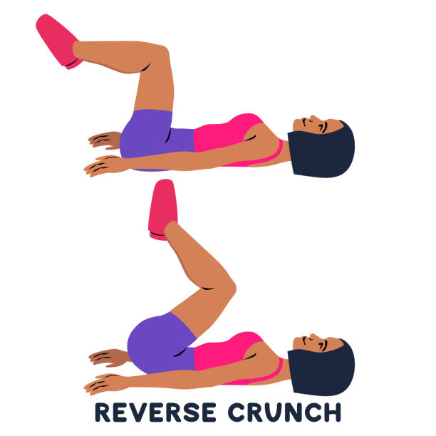 Reverse crunches. Sport exersice. Silhouettes of woman doing exercise. Workout, training. - ilustração de arte vetorial