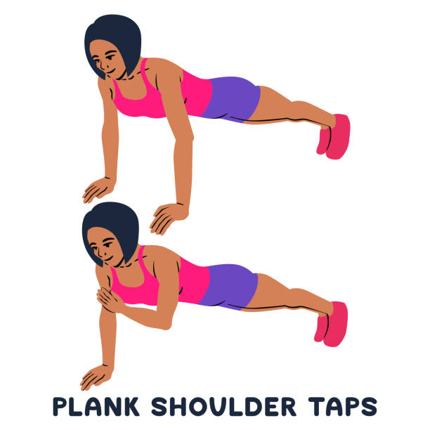 Plank shoulder taps. Sport exersice. Silhouettes of woman doing exercise. Workout, training. - ilustração de arte vetorial