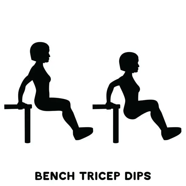 Vector illustration of Chair. Bench triceps dips. Sport exersice. Silhouettes of woman doing exercise. Workout, training.