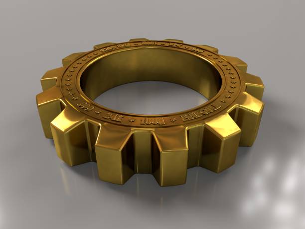 istock Golden metallic gear wheels on grey background with reflection close-up. 3D rendering illustration. 1094512204