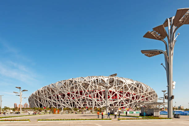 Exterior of Beijing National Olympic Stadium Beijing, China - September 21, 2009: Exterior of Beijing National Olympic Stadium also known as Bird's Nest. It was designed as the main stadium of 2008 Beijing Olympic Games beijing olympic stadium photos stock pictures, royalty-free photos & images