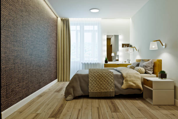 istock Modern bedroom interior in warm colors with wood paneling. 1094523510